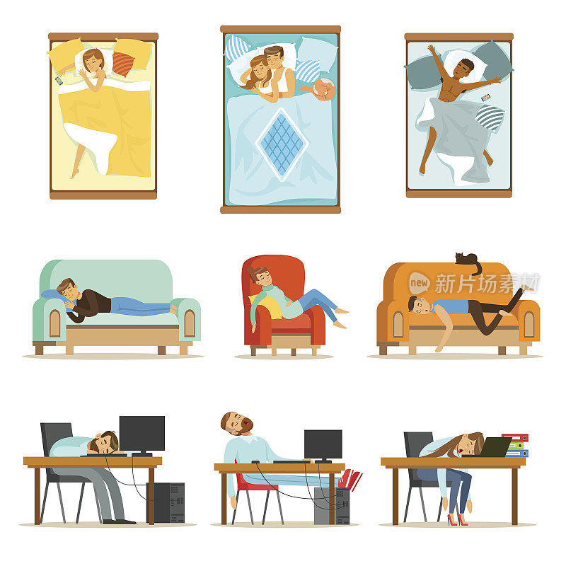 People Sleeping In Different Positions At Home And At Work, Tired Characters Getting To Sleep Set Of插图